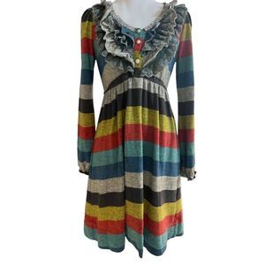 DM Multi Color Strip Ruffle Bodice Elastic Waist Jersey Knit Mini Dress
